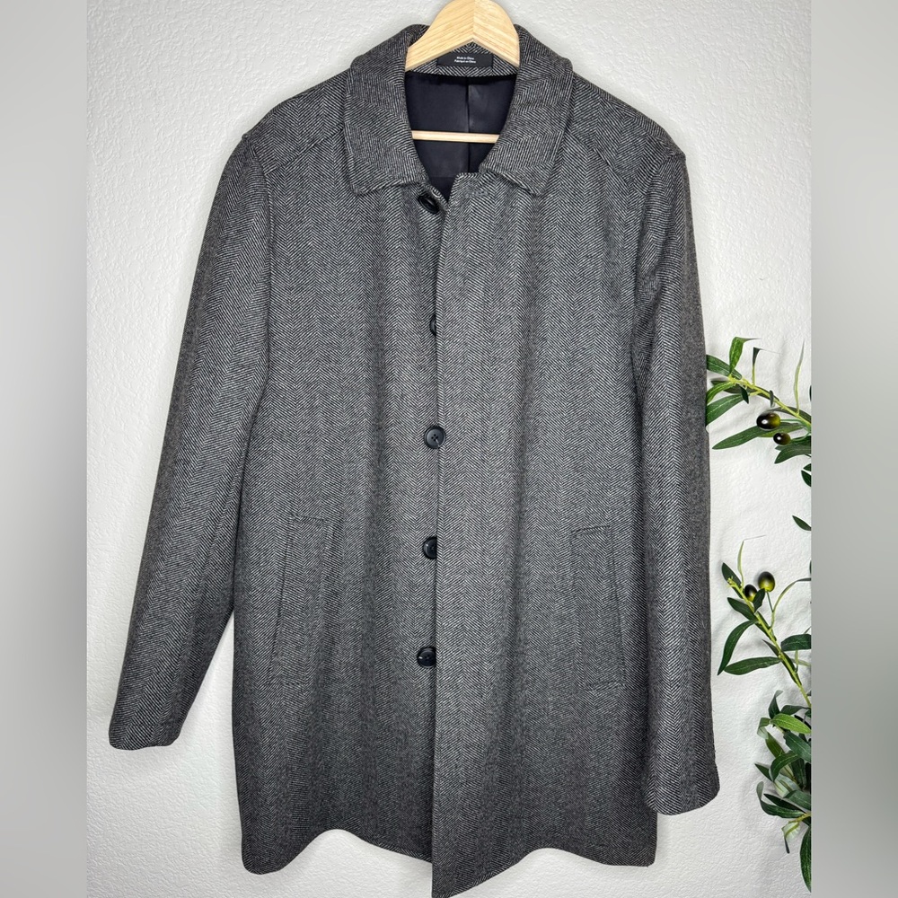Nordstrom Wool Blend Herringbone Coat Mens‎ Medium Gray Button Front Long